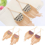 Women's Semicircle Tassels Rhombic Pattern Golden Tone Hook Earrings Jewelry