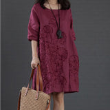 Summer Lady Floral Embroidered O-Neck Beach Cotton Linen Half Sleeve Loose Dress