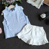 Fashion Ruffles Bowknot Children Girls Summer Sleeveless Top Shorts Clothes Set