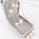 Women Fashion Double Layers Alloy Faux Pearl Decor Sweater Long Chain Necklace