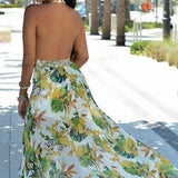Women Bohemia Flower Print Halter V-Neck Backless Long Maxi Dress + Shorts - ENSEIGNE DENIS