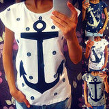 Women Fashion Casual Cotton Anchor Print Short Sleeve T-Shirt Summer Blouse Top - ENSEIGNE DENIS