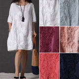 Summer Lady Floral Embroidered O-Neck Beach Cotton Linen Half Sleeve Loose Dress