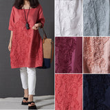 Summer Lady Floral Embroidered O-Neck Beach Cotton Linen Half Sleeve Loose Dress