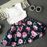 Girls Sleeveless Love Letters Printed Vest Tops + Floral Skirt Two Piece Set