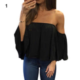 Lady Sexy Off Shoulder Long Sleeve Solid Color Loose Chiffon Top T-shirt Blouse
