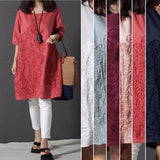 Summer Lady Floral Embroidered O-Neck Beach Cotton Linen Half Sleeve Loose Dress
