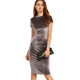 Women's Elegant Round Neck Short Sleeve Party Sheath Bodycon Pencil Velvet Dress - ENSEIGNE DENIS