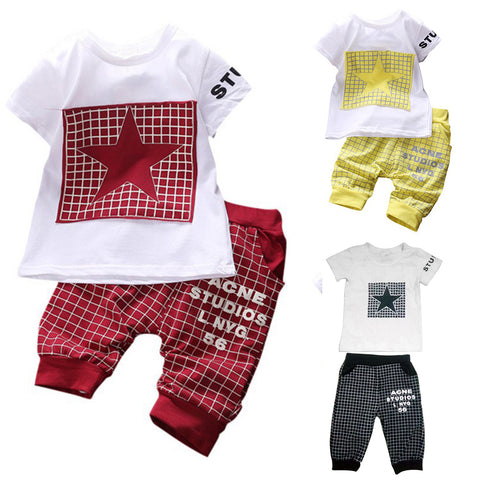 Baby Boys Girls Star Short Sleeve T-Shirt Top + Plaid Cropped Pants Outfit Set