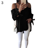 Solid Color Women Long Sleeve V-Neck Spring Summer Casual Strappy Blouse Top