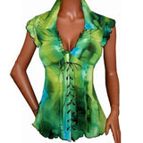 Sexy Women Lapel V-Neck Bandage Lace Up Ruffled Short Sleeve Top T-Shirt Blouse - ENSEIGNE DENIS