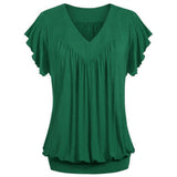 Women Plus Size Loose V Neck Short Sleeve Solid Color Top Pleated Fashion Blouse