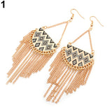 Women's Semicircle Tassels Rhombic Pattern Golden Tone Hook Earrings Jewelry