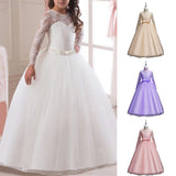 Fashion Girls Formal Lace Bowknot Long Sleeve Party Wedding Princess Maxi Dress
