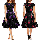 Elegant Women Flower Rose Boat Neck High Waist Big Swing Evening Party Dress