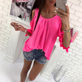 Women Hollow Sleeve Shirt Summer Solid Color Blouse Casual Back Strap Top