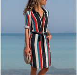 Colorful striped waistband long sleeve shirt dress