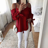 Solid Color Women Long Sleeve V-Neck Spring Summer Casual Strappy Blouse Top