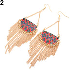 Women's Semicircle Tassels Rhombic Pattern Golden Tone Hook Earrings Jewelry