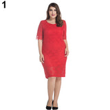 Elegant Plus Size Women Lace Flower Slim Fit Solid Color Casual Party Mini Dress