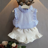 Fashion Ruffles Bowknot Children Girls Summer Sleeveless Top Shorts Clothes Set