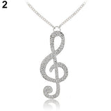 Fashion Women Fully Rhinestone Music Note Pendant Long Chain Sweater Necklace