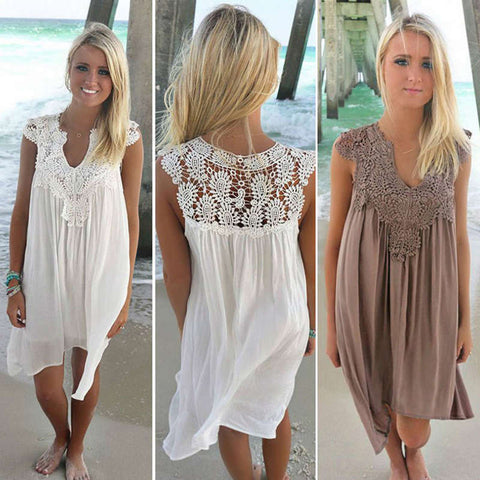 Women's Sexy Boho Crochet Lace Loose Summer Beach Mini Tank Dress Sundress