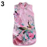 Children Girls Chinese Cheongsam Floral Peacock Lapel Sleeveless Summer Dress