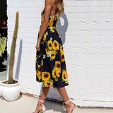 Fashion Flower Stripe Single Row Buttons Sleeveless Spring Summer Women Dress