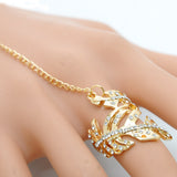 Fashion Women Rhinestone Golden Leaf Bracelet Chain Ring Integrated Jewelry