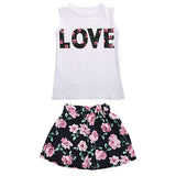 2Pcs Kids Girls Summer Floral Letters Printed Top Skirt Mini Dress Set Outfit