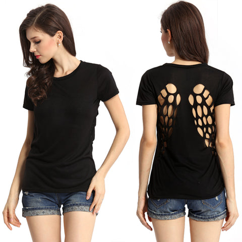 Women Fashion Summer Sexy Round Neck Hollow Wings Short Sleeve T-shirt Top