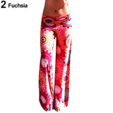 Women's Summer Floral Pants Casual High Waist Flare Wide Leg Long Trousers