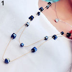 Women Square Rhinestones Beads 2 Layers Golden Alloy Chain Long Sweater Necklace