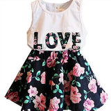 Girls Sleeveless Love Letters Printed Vest Tops + Floral Skirt Two Piece Set