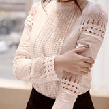 Women's Casual Lace Crochet Hollow Slim Blouses Long Sleeve White Shirt Top