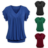 Women Plus Size Loose V Neck Short Sleeve Solid Color Top Pleated Fashion Blouse