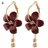 Korean Women Camellia Flower Long Tassel Rhinestone Party Leaverback Earrings