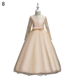 Fashion Girls Formal Lace Bowknot Long Sleeve Party Wedding Princess Maxi Dress