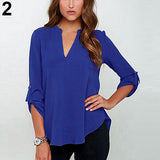 Women's Stylish Sexy V Neck Rollable Sleeve Loose Solid Chiffon Blouse Shirt - ENSEIGNE DENIS