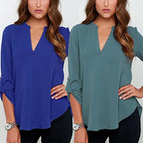 Women's Stylish Sexy V Neck Rollable Sleeve Loose Solid Chiffon Blouse Shirt - ENSEIGNE DENIS