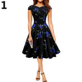 Elegant Women Flower Rose Boat Neck High Waist Big Swing Evening Party Dress