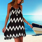 Women's Fashion Summer Sexy Wave Pattern Tassels Backless Strap Beach Dress