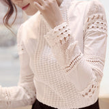 Women's Casual Lace Crochet Hollow Slim Blouses Long Sleeve White Shirt Top