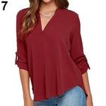 Women's Stylish Sexy V Neck Rollable Sleeve Loose Solid Chiffon Blouse Shirt - ENSEIGNE DENIS