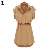 Women's Casual V-neck Cap Sleeve Solid Color Chiffon Shirt Dress with Brown Belt