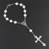 Women Catholic Rosary Faux Pearl Beads Jesus Cross Pendant Bracelet Jewelry