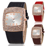 Women's Luxury Square Case Shiny Rhinestones Faux Leather Analog Wrist Watch - ENSEIGNE DENIS