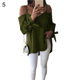 Solid Color Women Long Sleeve V-Neck Spring Summer Casual Strappy Blouse Top