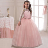 Fashion Girls Formal Lace Bowknot Long Sleeve Party Wedding Princess Maxi Dress